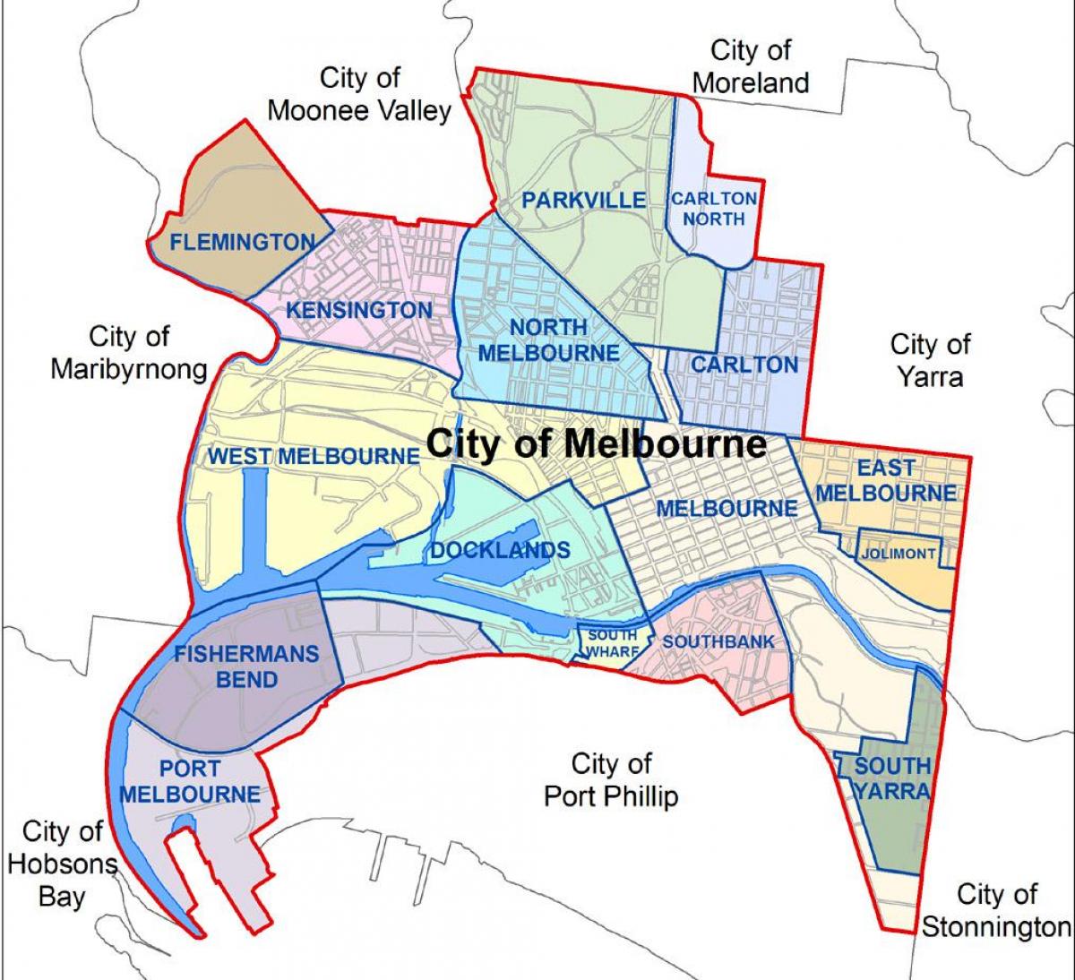 mapu Melbourne predmestia