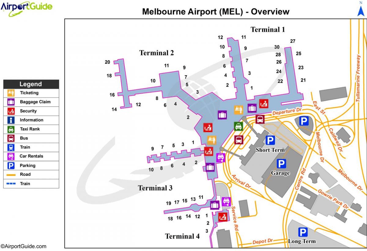 mapu Melbourne airport terminálov