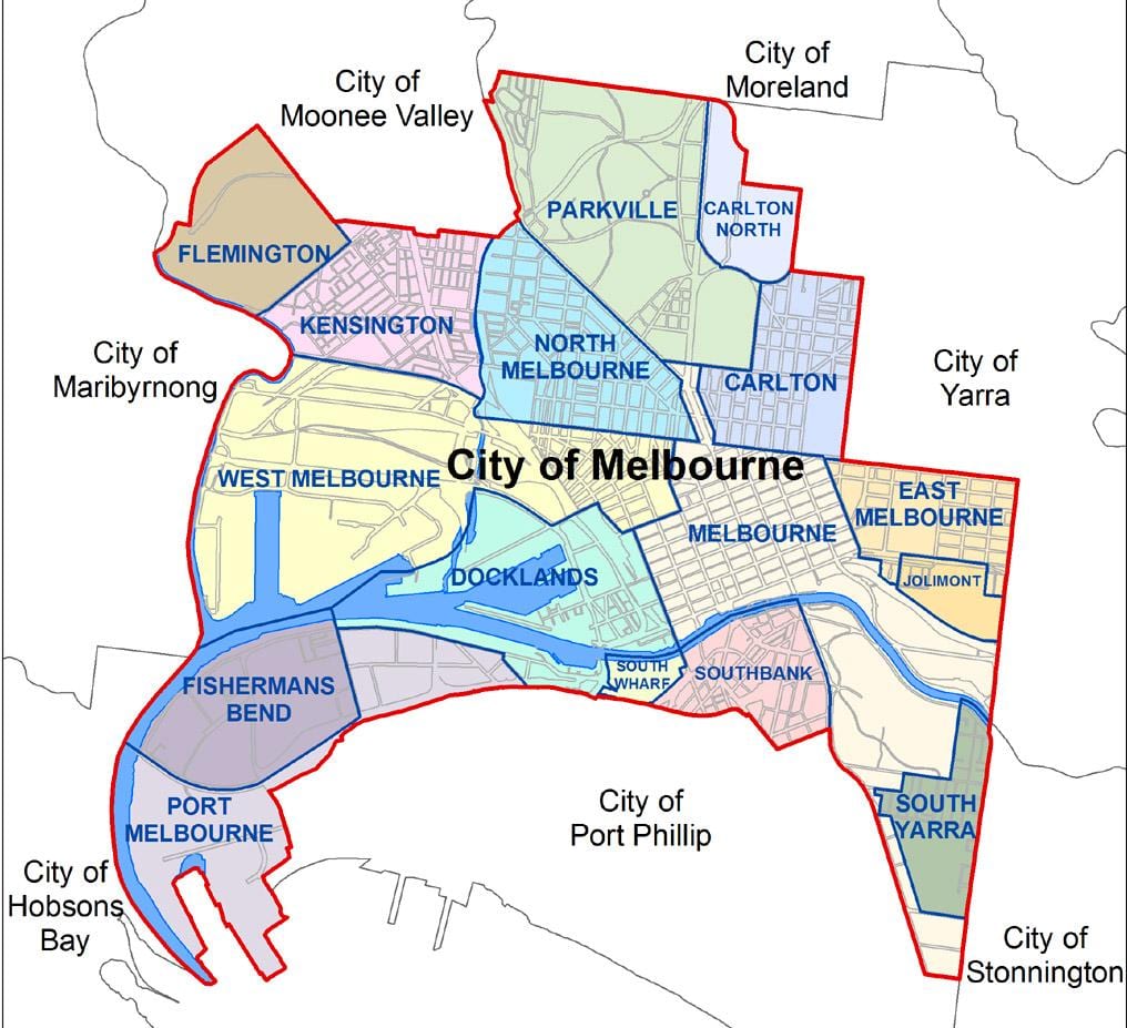 mapu Melbourne a okolie